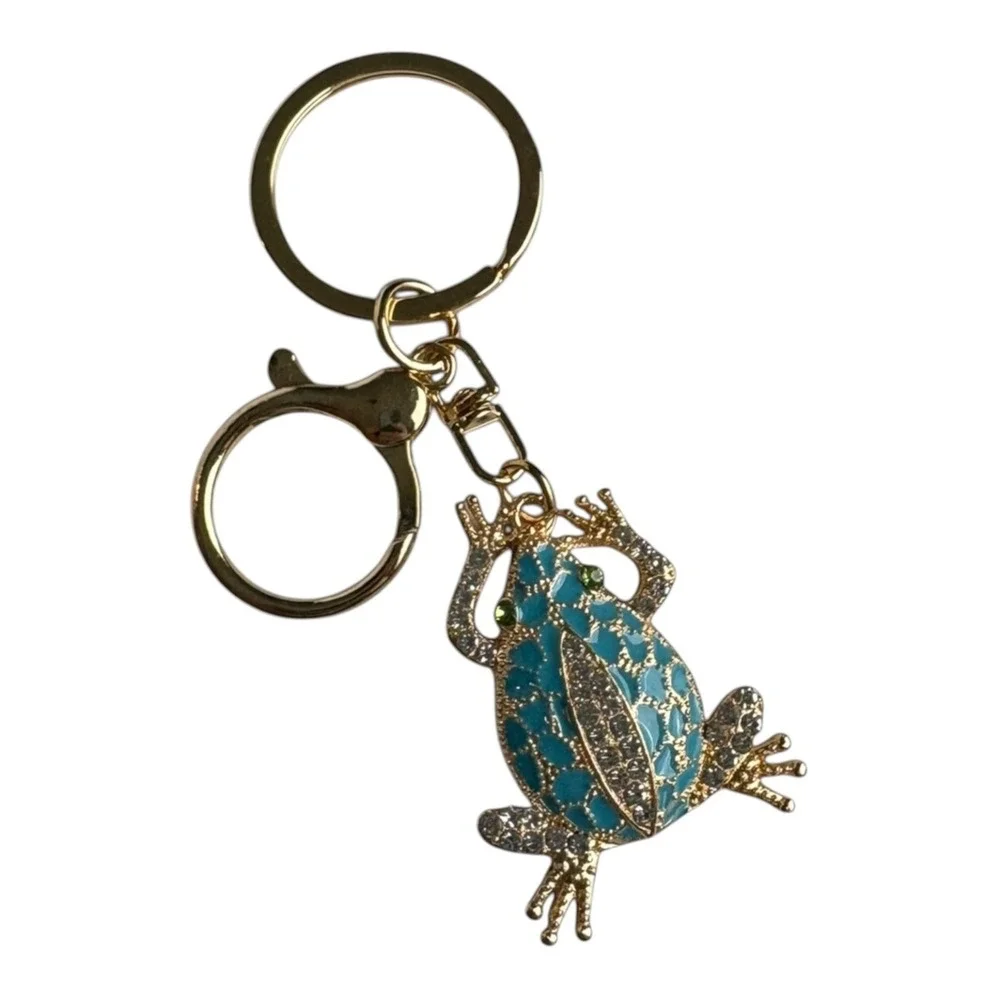 Gold Tone Turquoise Rhinestone Enamel Frog Charm Key Chain 3.5